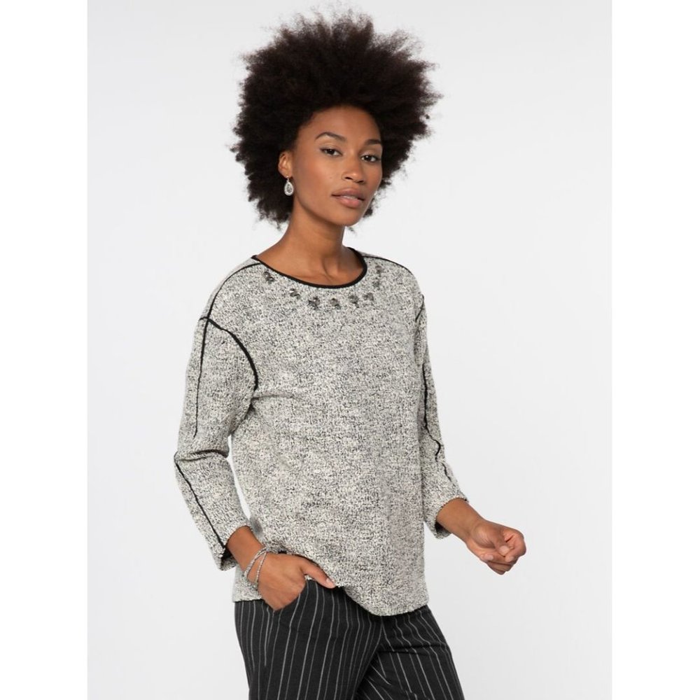 Nic + Zoe 3/4 Sleeve Relaxed Jewel Dusted Pullover Sweater Neutral Mix Womens L